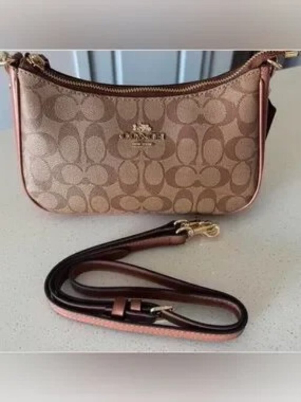 Coach Brown Signature Canvas Crescent Shoulder Bag with Gold Hardware
